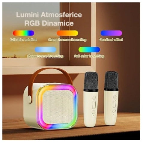 Set Karaoke cu 2 Microfoane, Boxa Portabila Bluetooth USB, Iluminare RGB cu 5 Moduri, Baterie Reincarcabila, 6 W RAE