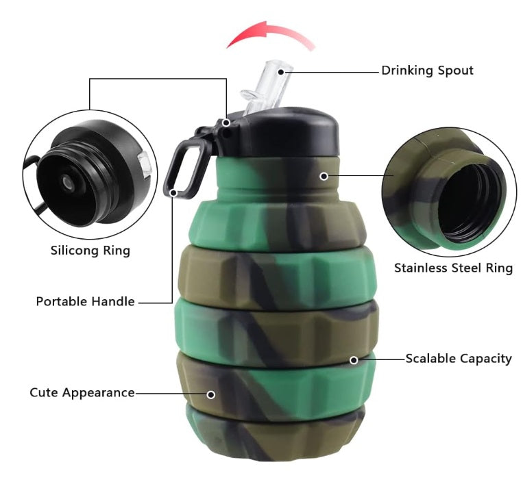 Sticlă de apă pliabilă tip grenadă, fără BPA, 500 ml – imagine 3