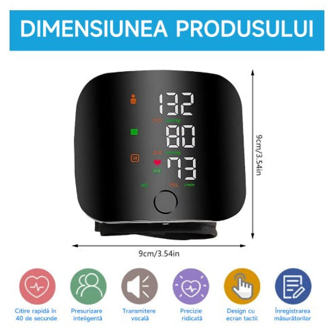 Tensiometru de încheietură reîncărcabil cu ecran LED, inteligent vocal la atingere, digital automat, monitor de tensiune arterială, ritm cardiac, puls, monitor de tensiune arterială