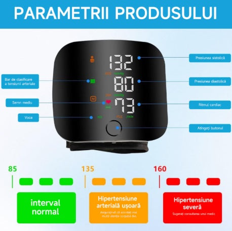 Tensiometru de încheietură reîncărcabil cu ecran LED, inteligent vocal la atingere, digital automat, monitor de tensiune arterială, ritm cardiac, puls, monitor de tensiune arterială