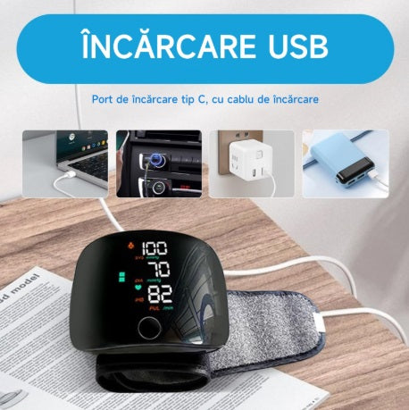 Tensiometru de încheietură reîncărcabil cu ecran LED, inteligent vocal la atingere, digital automat, monitor de tensiune arterială, ritm cardiac, puls, monitor de tensiune arterială