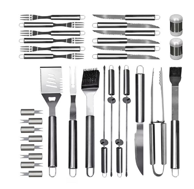 Set ustensile pentru gratar  26 piese, otel inoxidabil,geanta transport aluminiu captusita 43x27x8cm