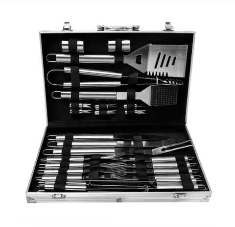 Set ustensile pentru gratar  26 piese, otel inoxidabil,geanta transport aluminiu captusita 43x27x8cm