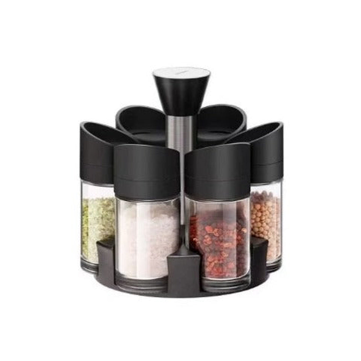 Set recipiente pentru condimente, suport rotativ, 6 recipiente, 18x16x12cm, negru – imagine principală