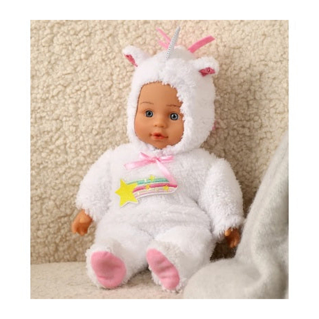Papușă bebeluș, îmbracat cu costum de unicorn, poliester, 3 ani, 19x11x34cm – imagine principală