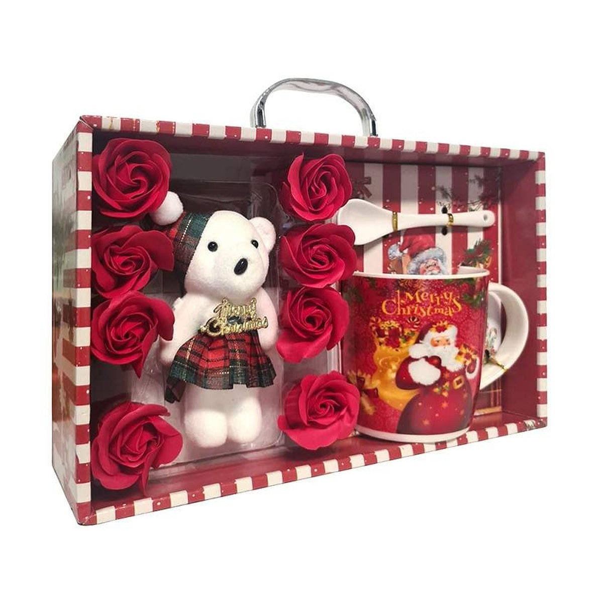 Set Cadou, Cana Craciun Din Ceramica Cu Lingurita, Ursulet Si Trandafiri Rosii In Ambalaj Cadou, Dimensiuni Cutie 28.3 x 17 x 9.5 cm, Rosu – imagine principală