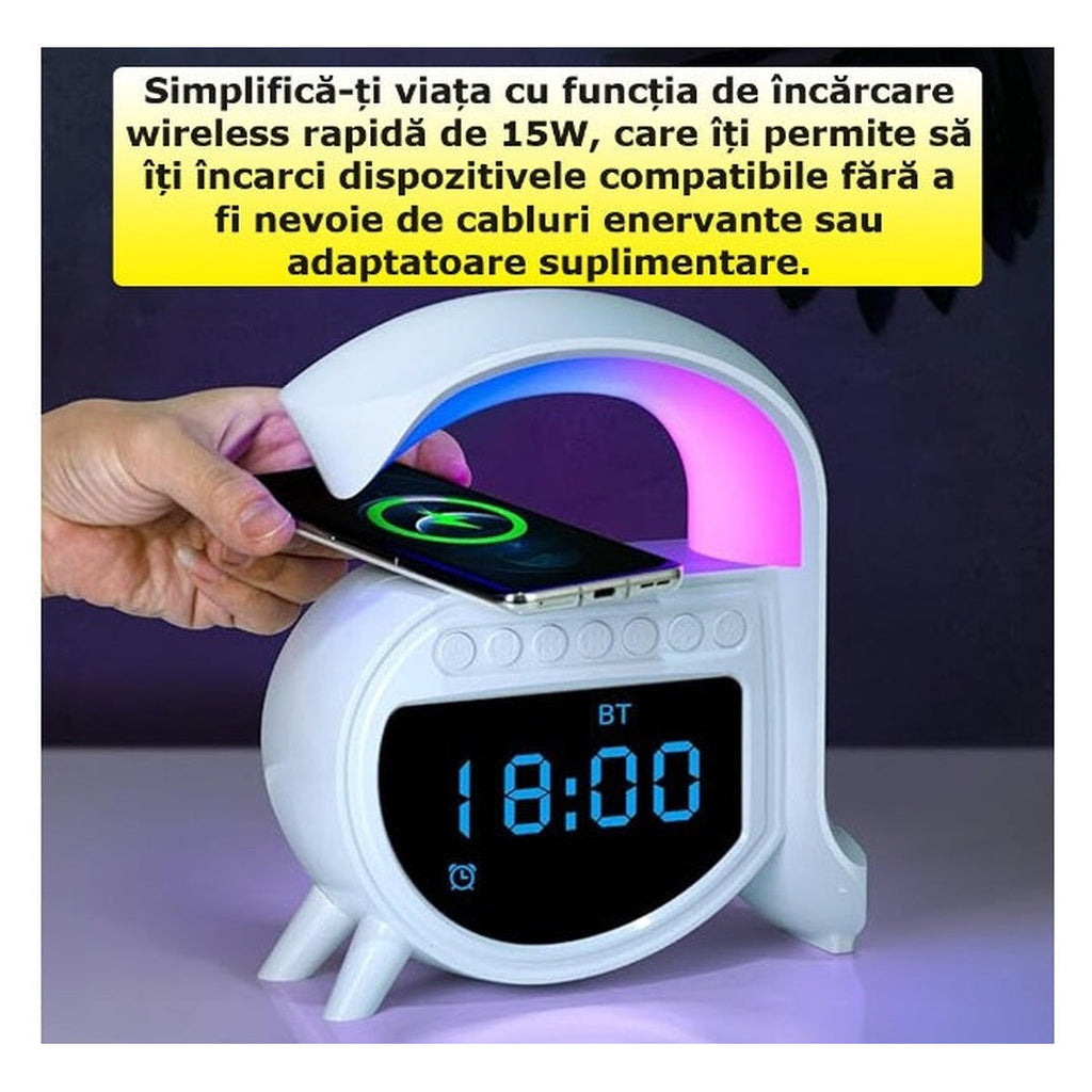 Încărcător fără fir, 15W Ceas deşteptător, Muzică, 4-în-1, Difuzor Bluetooth – imagine principală