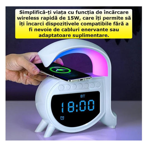 Încărcător fără fir, 15W Ceas deşteptător, Muzică, 4-în-1, Difuzor Bluetooth – imagine principală