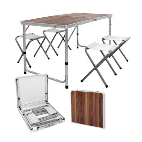 Set camping, cu masa si 4 scaune,120 x 60 x 55/63/70 cm, reglabil, din aluminiu si MDF – imagine principală