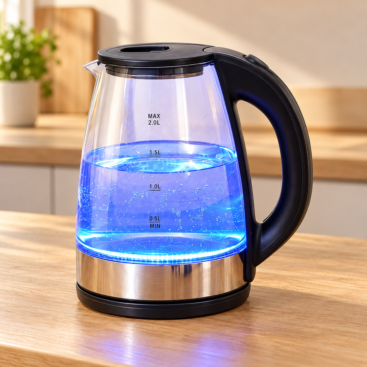 Fierbător electric Loves Home din sticlă, pe blatul bucătăriei