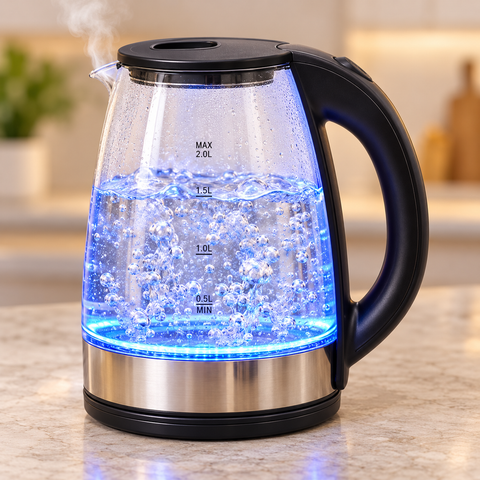 Fierbător Loves Home în funcțiune: apă în fierbere, bule vizibile și iluminare LED albastră