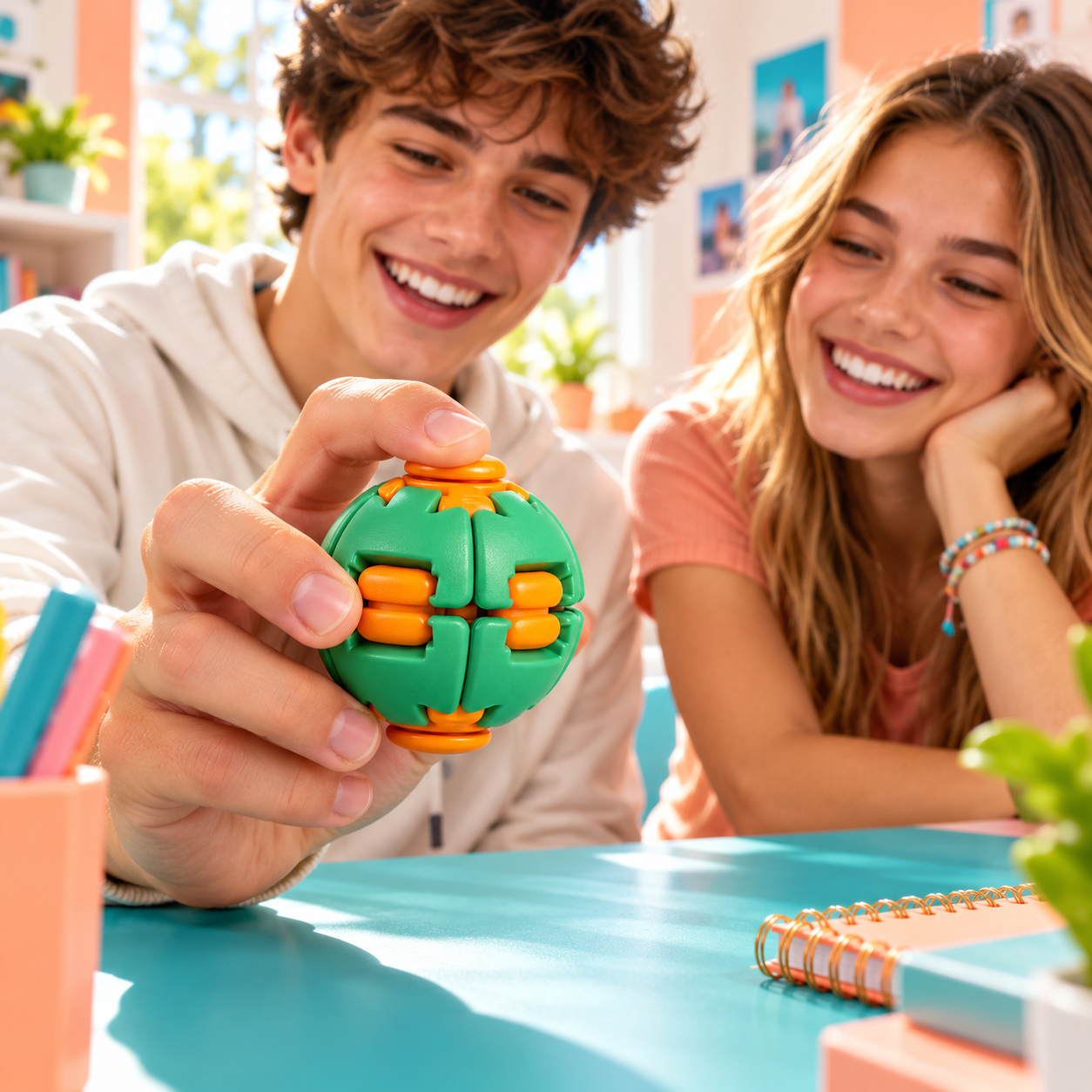Adolescenți folosind mingea fidget Press Spin Top verde