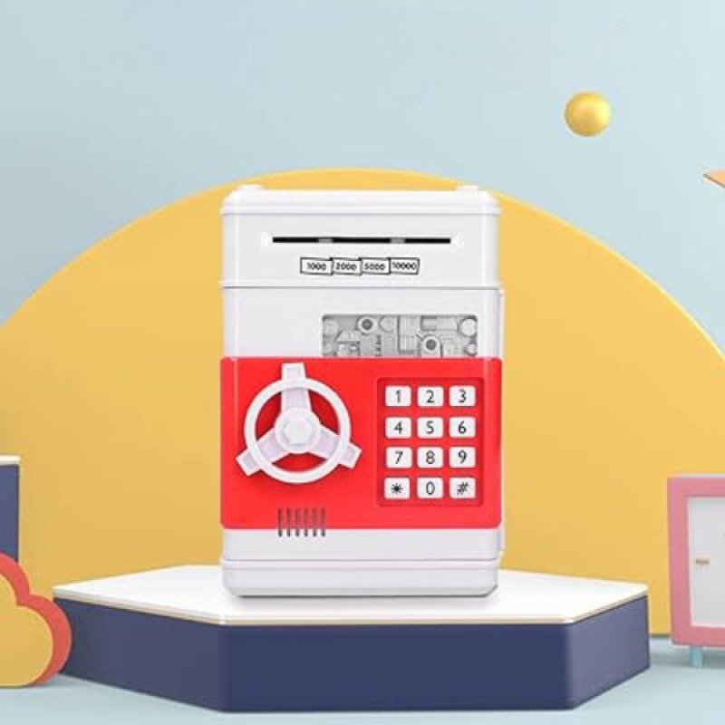 Pușculiță ATM tip seif alb-roșu – prezentare