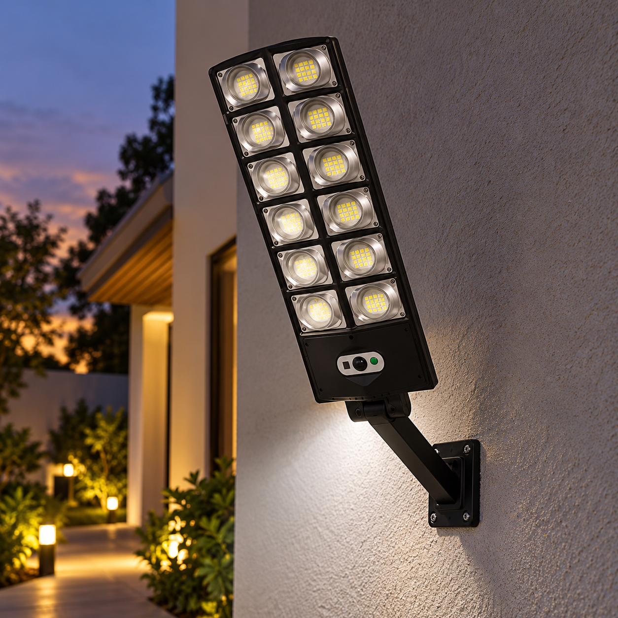 Imagine ilustrativă: lampa solară W789A-6 montată în exterior