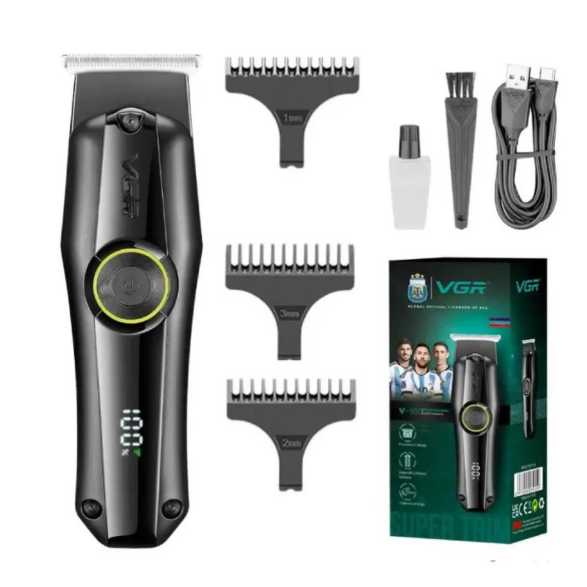 Aparat de tuns profesional VGR V-905, fără fir, lamă T din inox, 2 viteze, afișaj LED, acumulator 600 mAh, încărcare USB, 3 distanțiere, negru