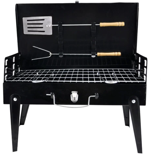 Gratar portabil, tip servieta, pliabil, accesorii incluse, metal, negru, 47x44x27cm