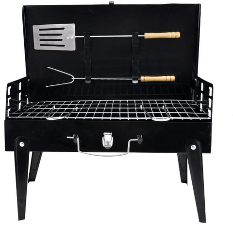 Gratar portabil, tip servieta, pliabil, accesorii incluse, metal, negru, 47x44x27cm