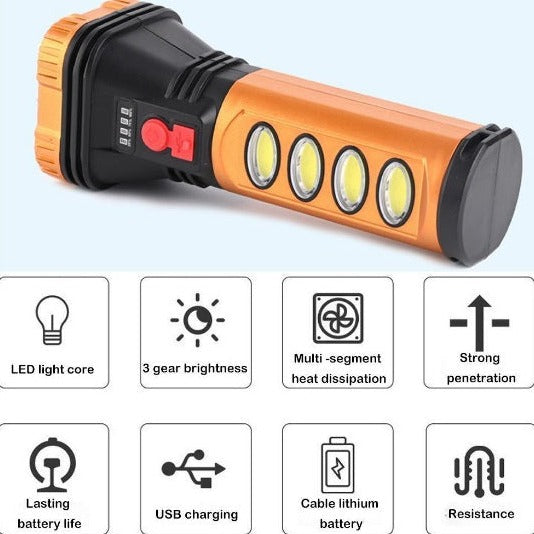 Lanterna portabila LED, Incarcare Solara sau USB, Lumina laterala COB, Nivel baterie, 18 cm, Culoare Gold